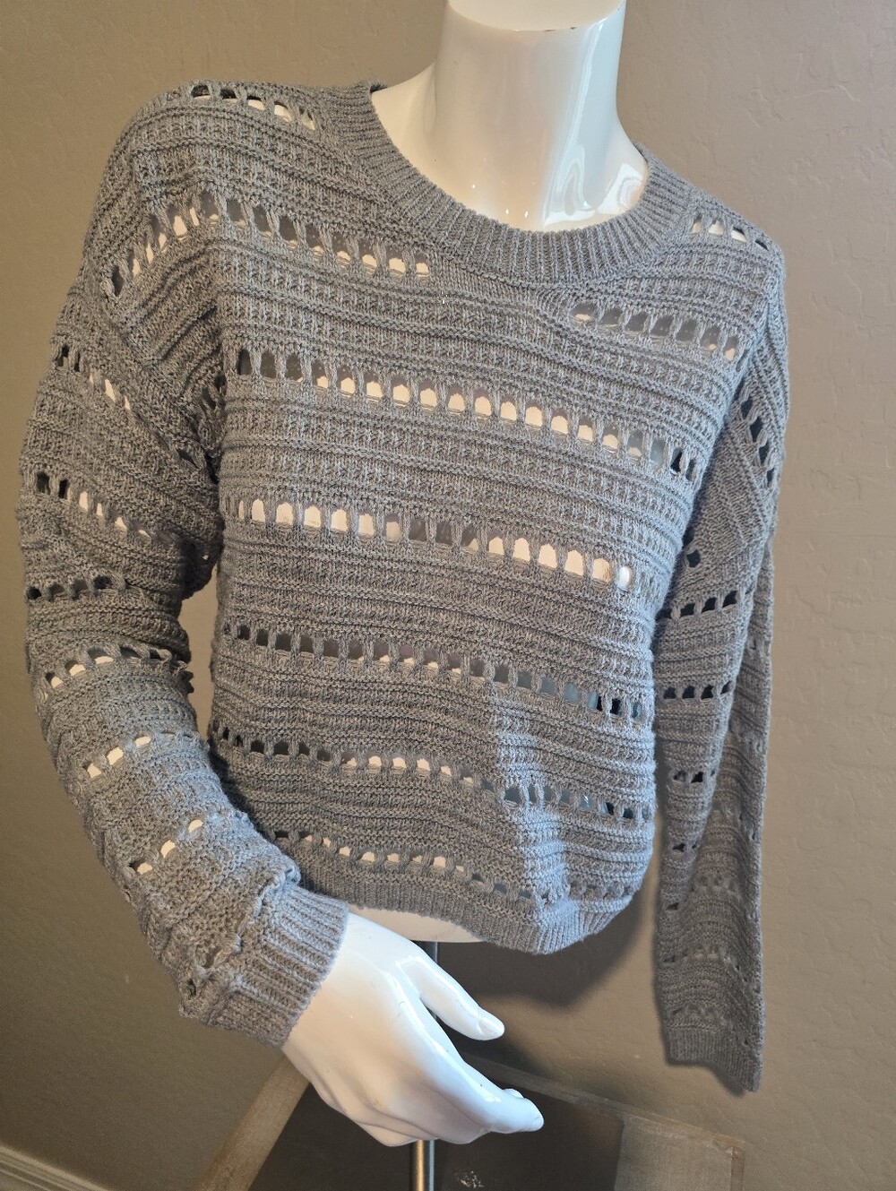 RSQ Light Gray Open-Weave Crewneck Sweater